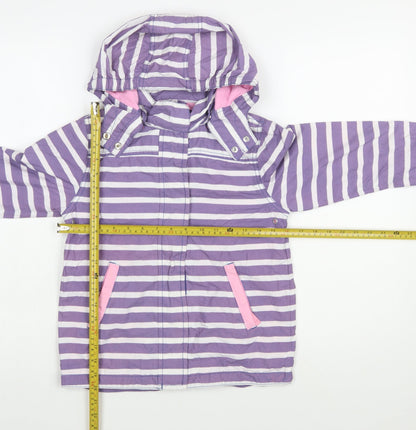 Mini Boden Girls Purple Striped Hooded Rain Coat 7-8 Years Cotton Lined Jacket