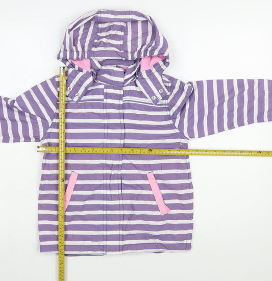 Mini Boden Girls Purple Striped Hooded Rain Coat 7-8 Years Cotton Lined Jacket
