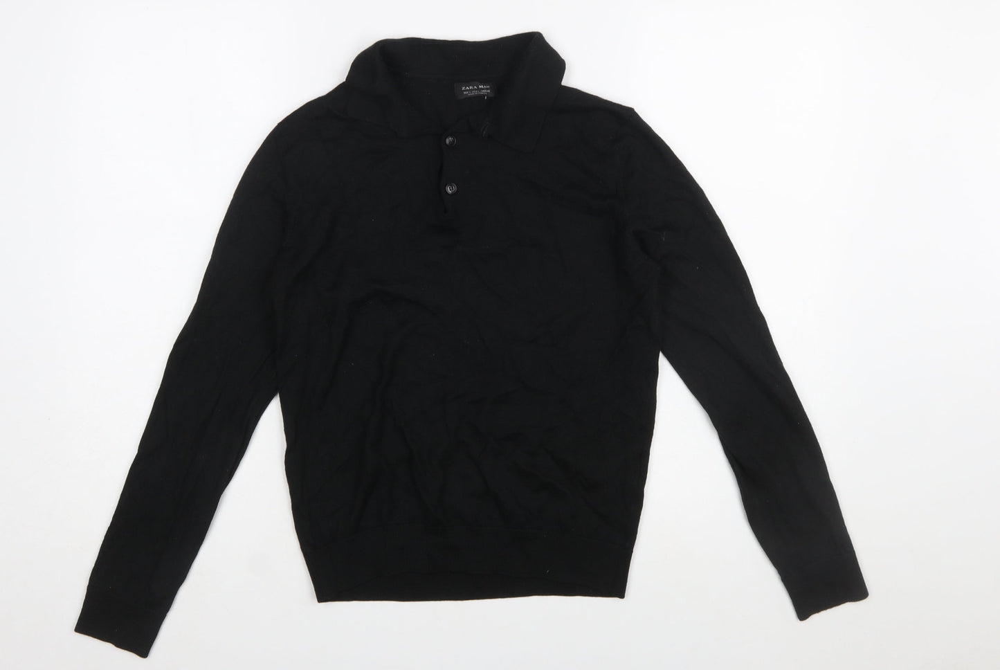 Zara Man Black Collared Henley Jumper Size L Wool Blend