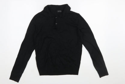 Zara Man Black Collared Henley Jumper Size L Wool Blend