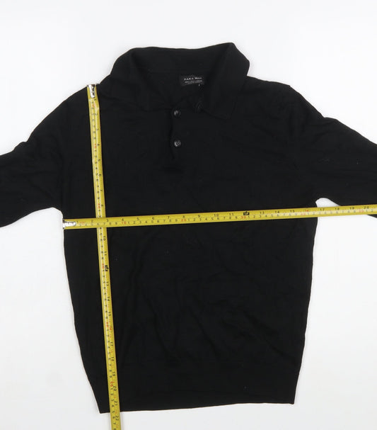 Zara Man Black Collared Henley Jumper Size L Wool Blend