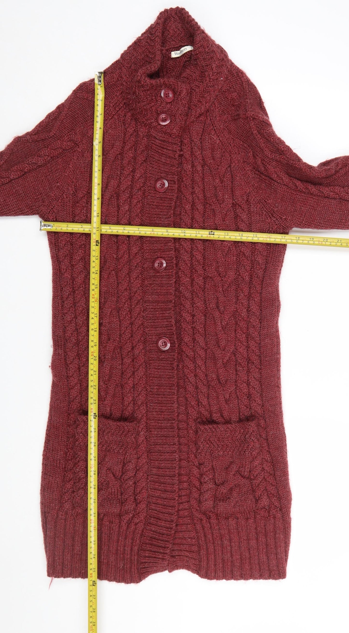 WoolOvers Women's Red Long Wool Cable Knit Cardigan L