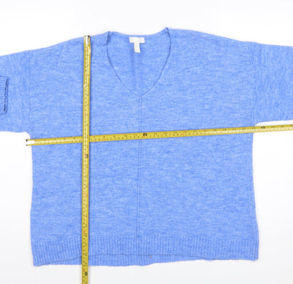 H&M Women Blue V-Neck Pullover Jumper Size M Relaxed Fit Wool Blend