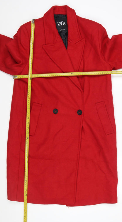 Zara Women Red Wool Blend Long Overcoat Size 12 Classic Style
