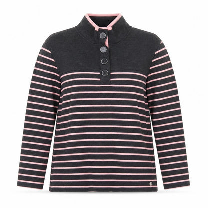 Penny Plain Women’s Black Pink Stripe Button Neck Long Sleeve Sweatshirt Size 14/16