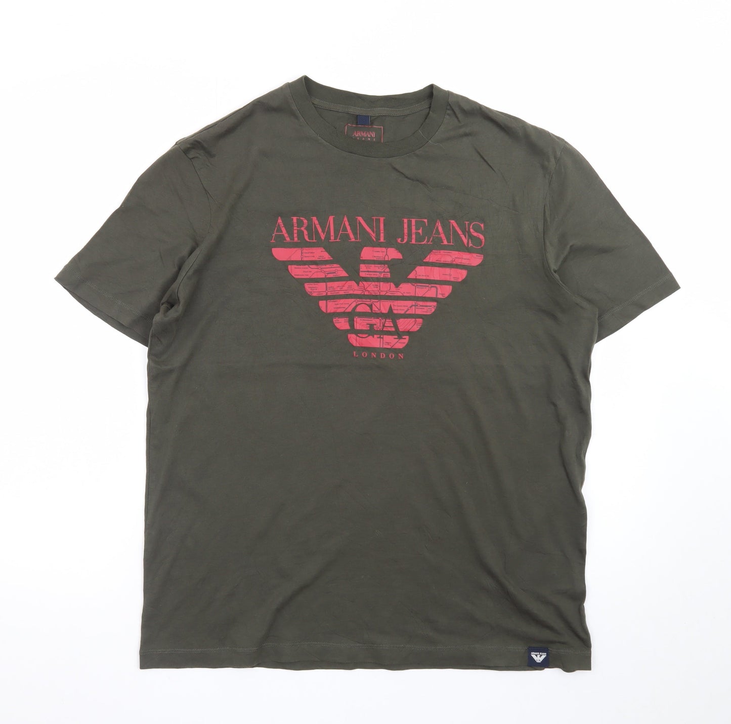 Armani Jeans Men's Khaki Green Crew Neck Logo T-Shirt Size L