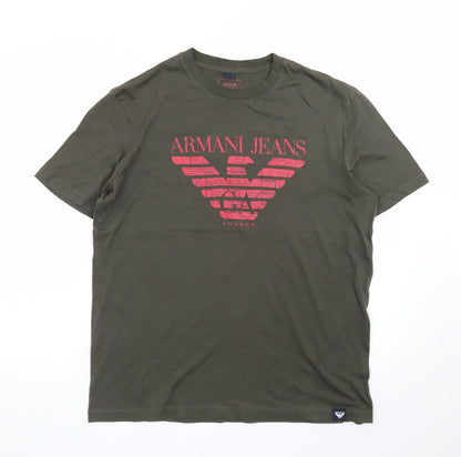 Armani Jeans Men's Khaki Green Crew Neck Logo T-Shirt Size L