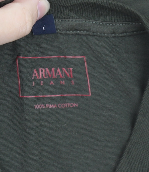 Armani Jeans Men's Khaki Green Crew Neck Logo T-Shirt Size L