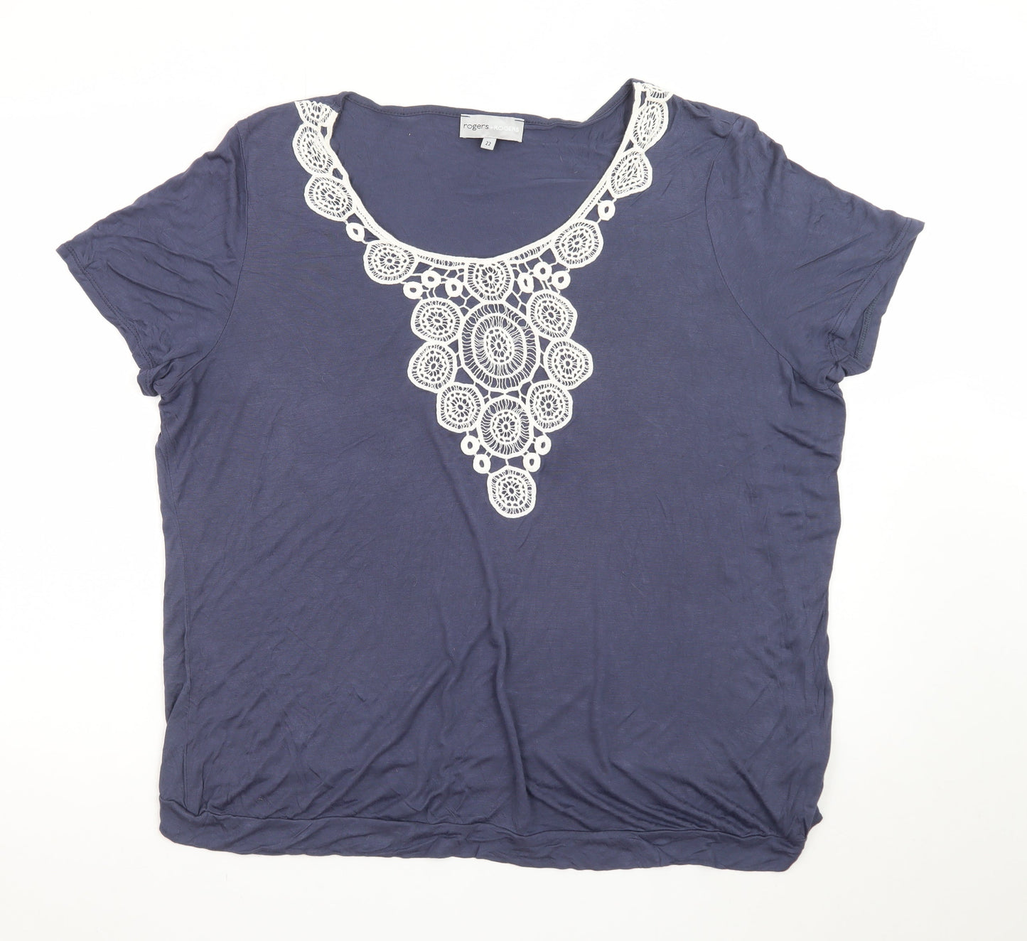 Rogers + Rogers Women's Blue Crochet Neck Viscose T-Shirt Size 22