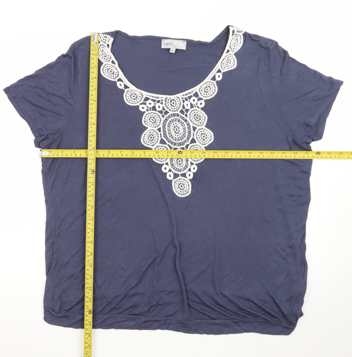 Rogers + Rogers Women's Blue Crochet Neck Viscose T-Shirt Size 22