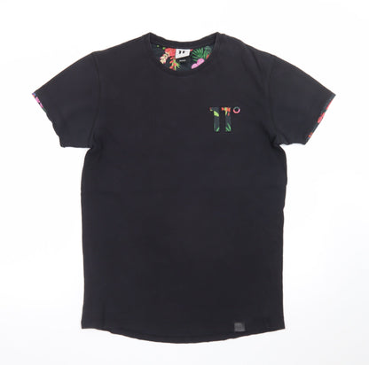 11 Degrees Men's Black Floral Trim Crew Neck Slim T-Shirt Medium