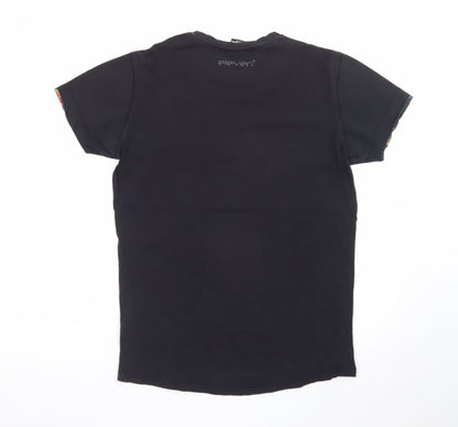 11 Degrees Men's Black Floral Trim Crew Neck Slim T-Shirt Medium
