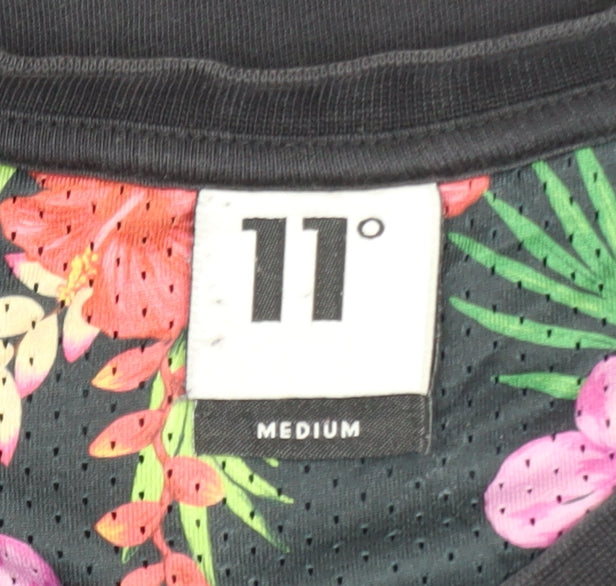 11 Degrees Men's Black Floral Trim Crew Neck Slim T-Shirt Medium