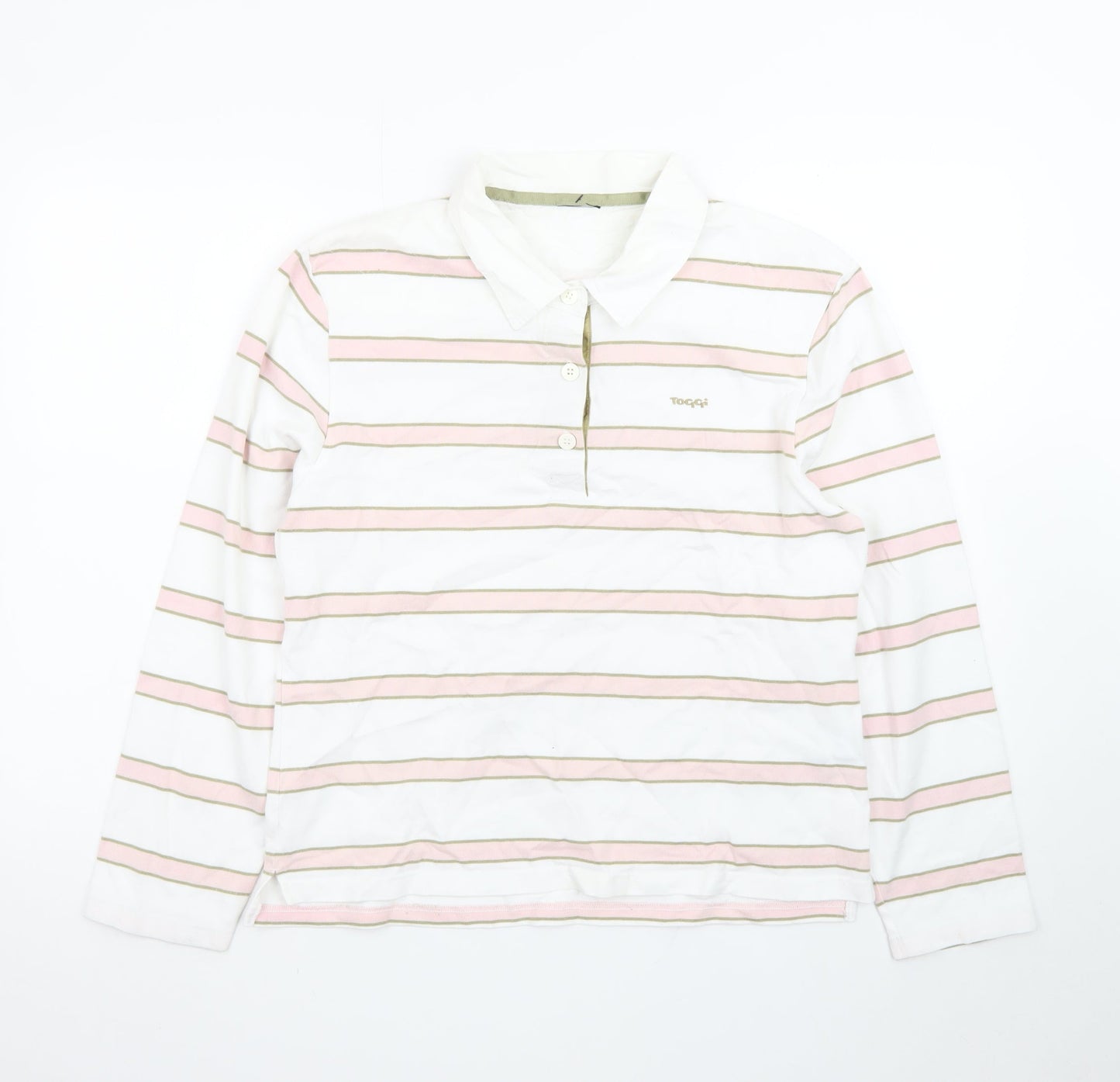 Toggi Women's White Pink Striped Cotton Long Sleeve Polo Shirt Size 14