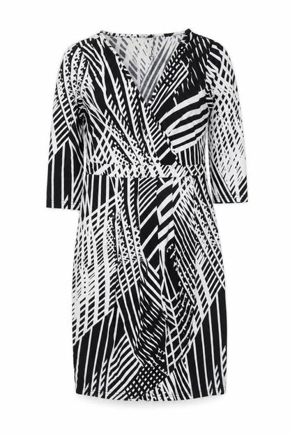 Izabel London Women Black Geometric V-Neck Wrap Jersey Dress Size 10