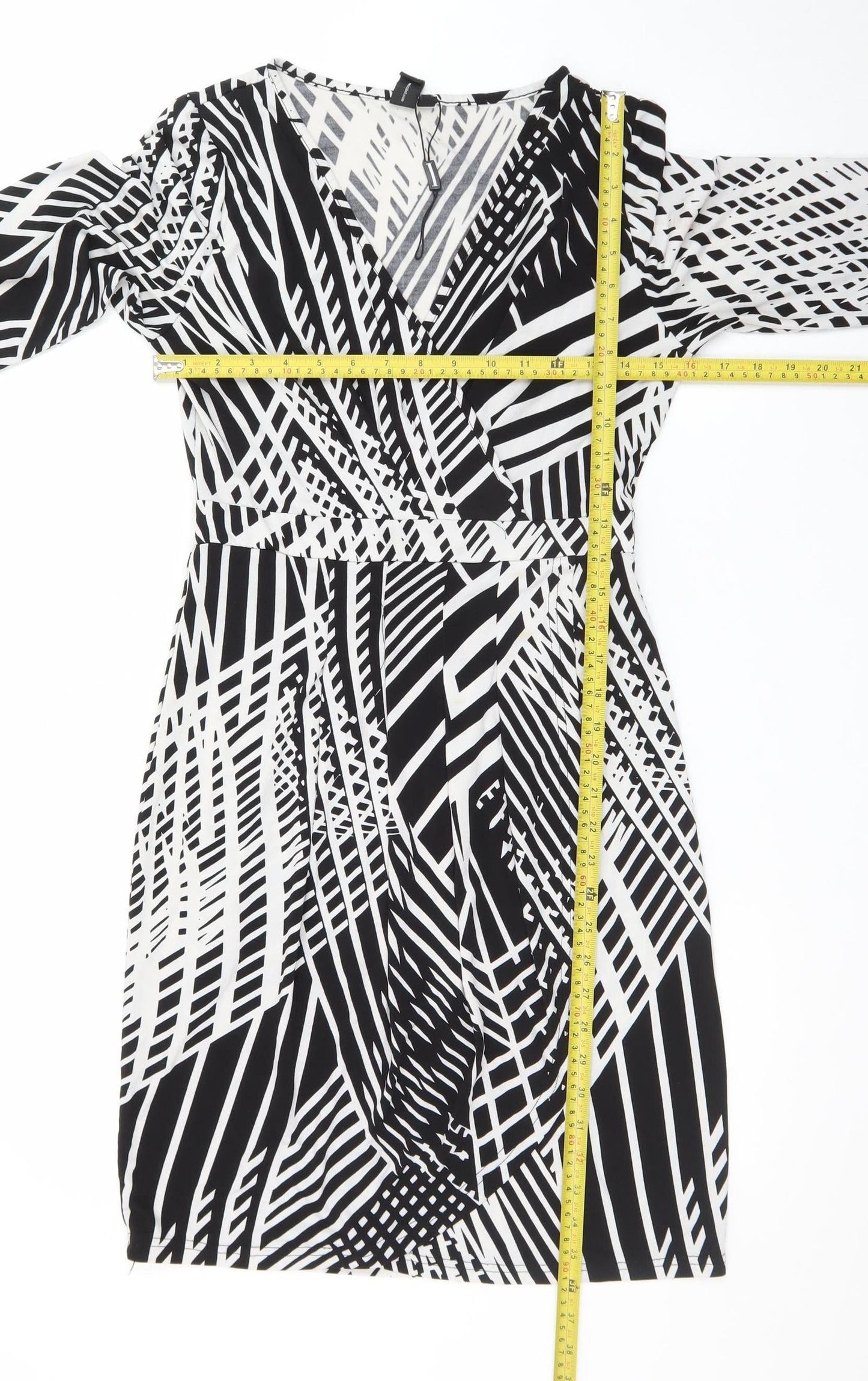 Izabel London Women Black Geometric V-Neck Wrap Jersey Dress Size 10