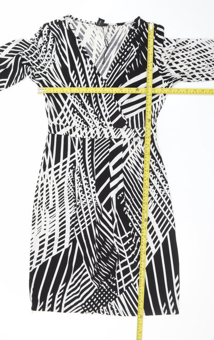 Izabel London Women Black Geometric V-Neck Wrap Jersey Dress Size 10