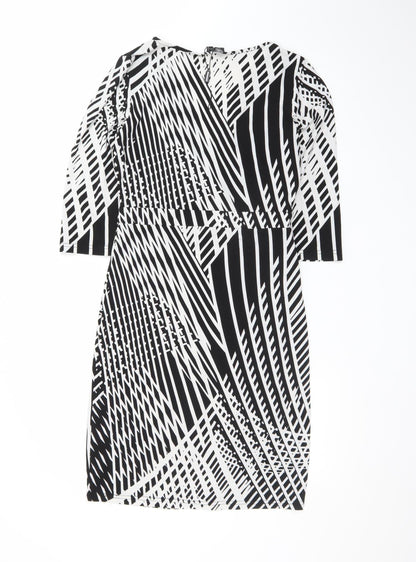 Izabel London Women Black Geometric V-Neck Wrap Jersey Dress Size 10