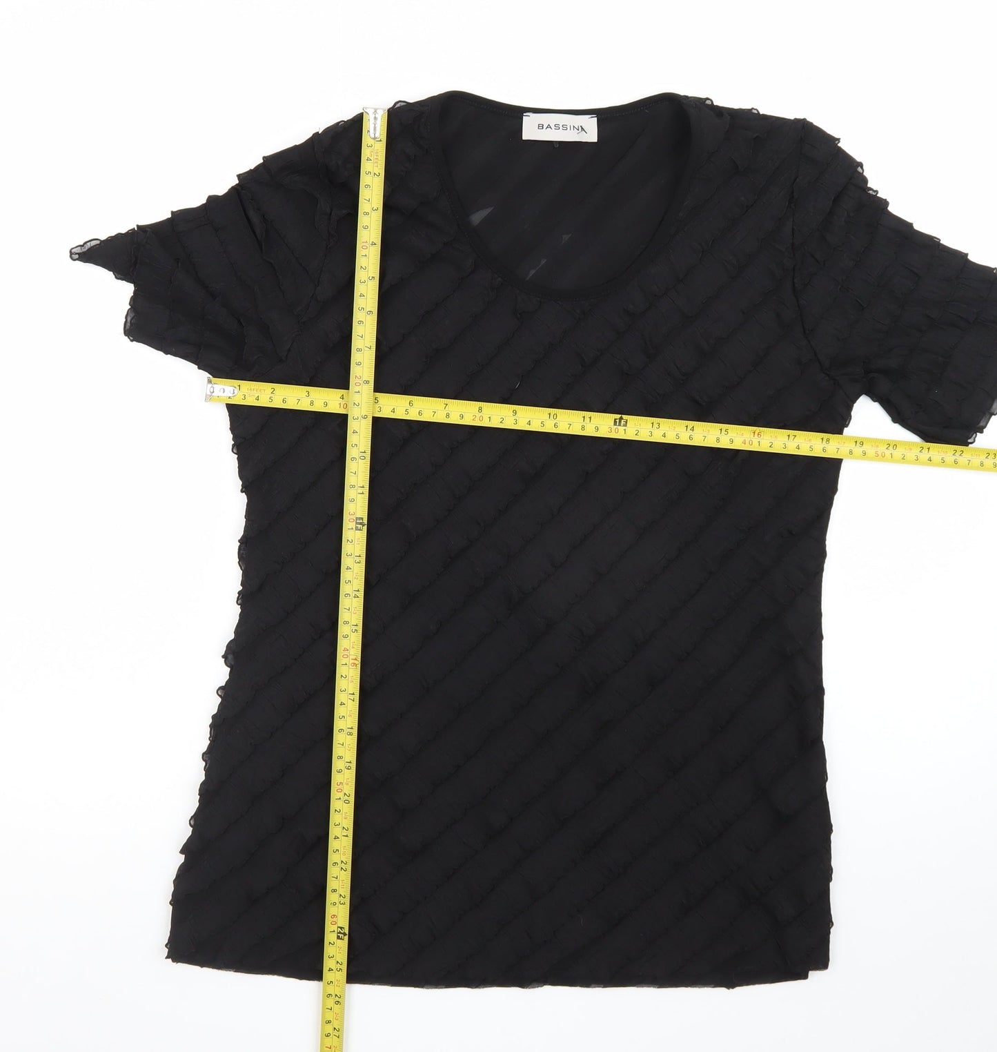 Bassini Women’s Black Size 12 Short Sleeve Ruffle Stretch Top