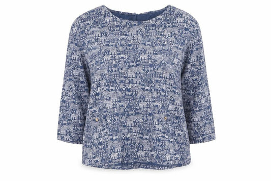Mantaray Women Blue City Print Cotton Long Sleeve Tunic Blouse Size 20