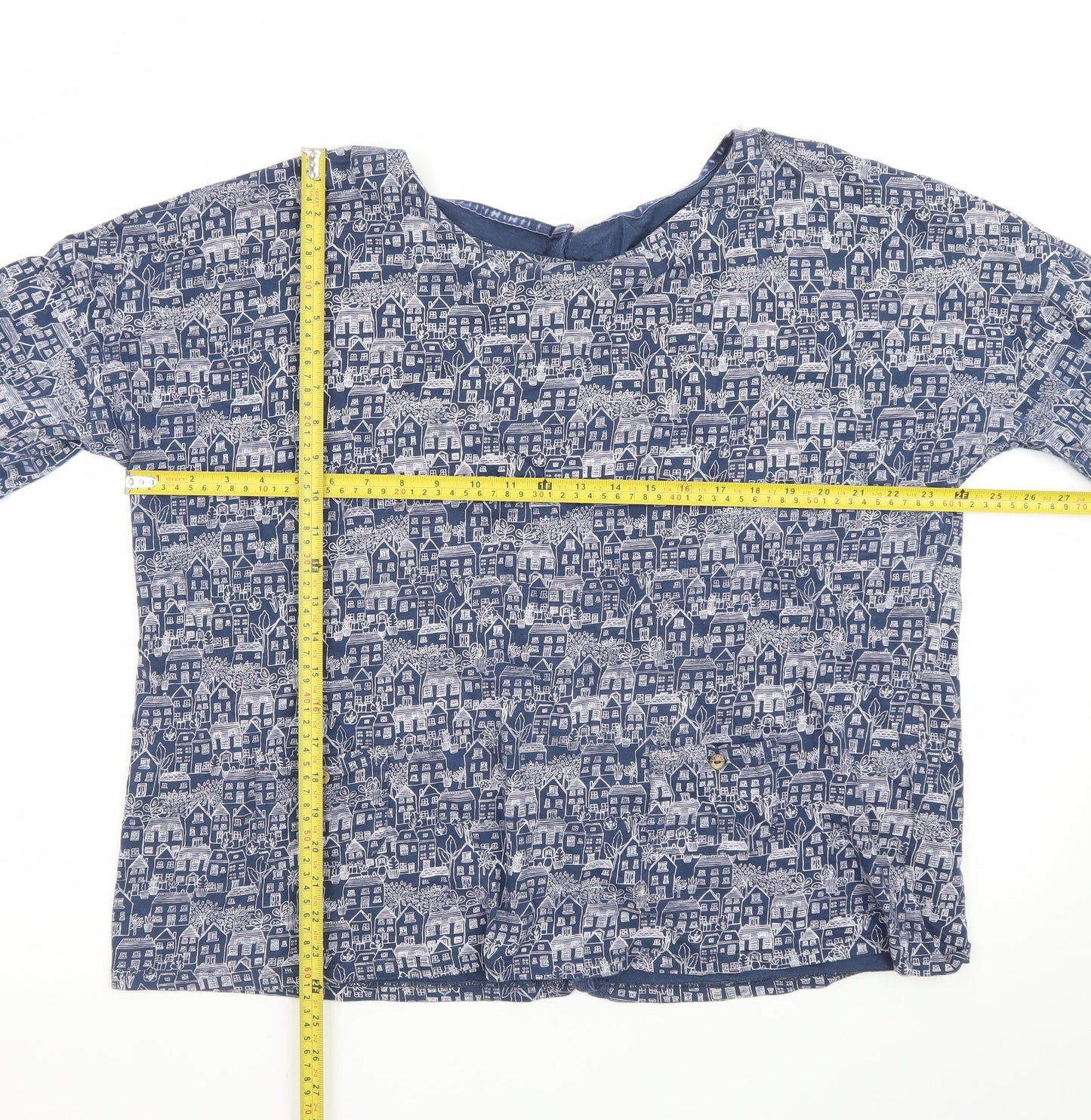 Mantaray Women Blue City Print Cotton Long Sleeve Tunic Blouse Size 20
