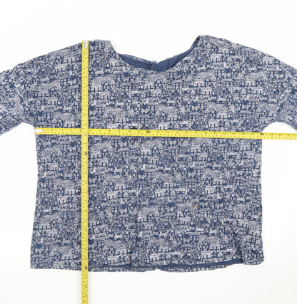 Mantaray Women Blue City Print Cotton Long Sleeve Tunic Blouse Size 20