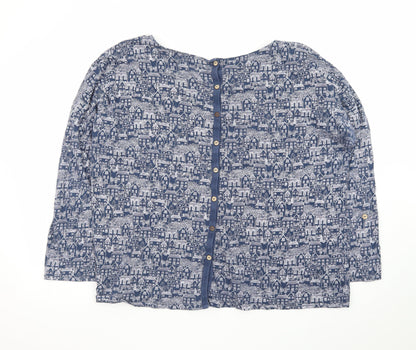 Mantaray Women Blue City Print Cotton Long Sleeve Tunic Blouse Size 20