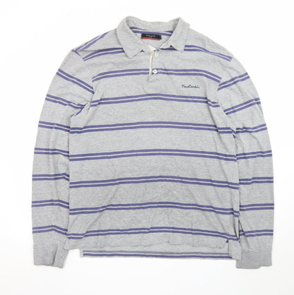 Pierre Cardin Men Grey Striped Long Sleeve Polo Shirt 2XL Classic Fit