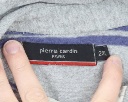 Pierre Cardin Men Grey Striped Long Sleeve Polo Shirt 2XL Classic Fit