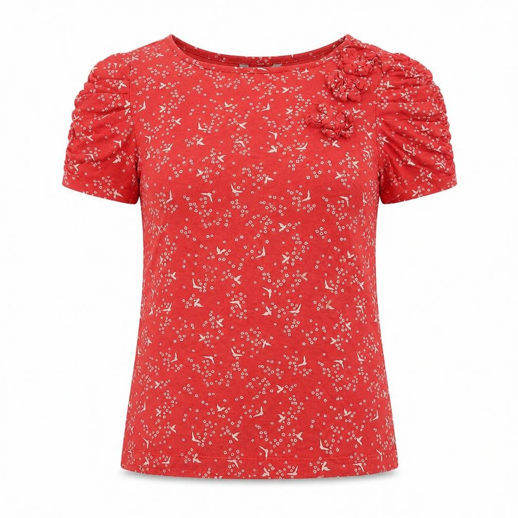 John Rocha Women's Red Floral Cotton Short Sleeve Ruffle T-Shirt Size 12