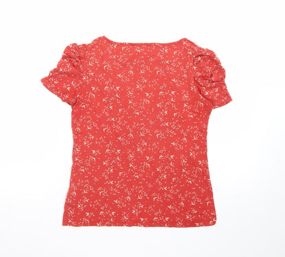 John Rocha Women's Red Floral Cotton Short Sleeve Ruffle T-Shirt Size 12