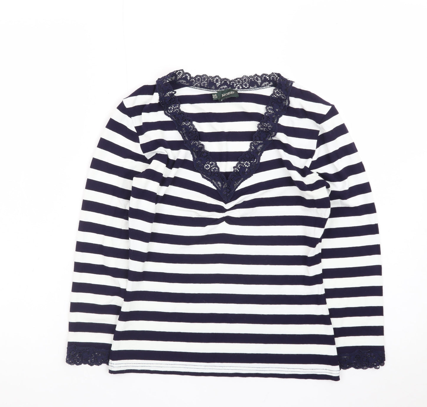 Hobbs Women's Blue Striped Lace Trim Long Sleeve T-Shirt Size 10