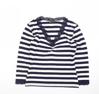 Hobbs Women's Blue Striped Lace Trim Long Sleeve T-Shirt Size 10