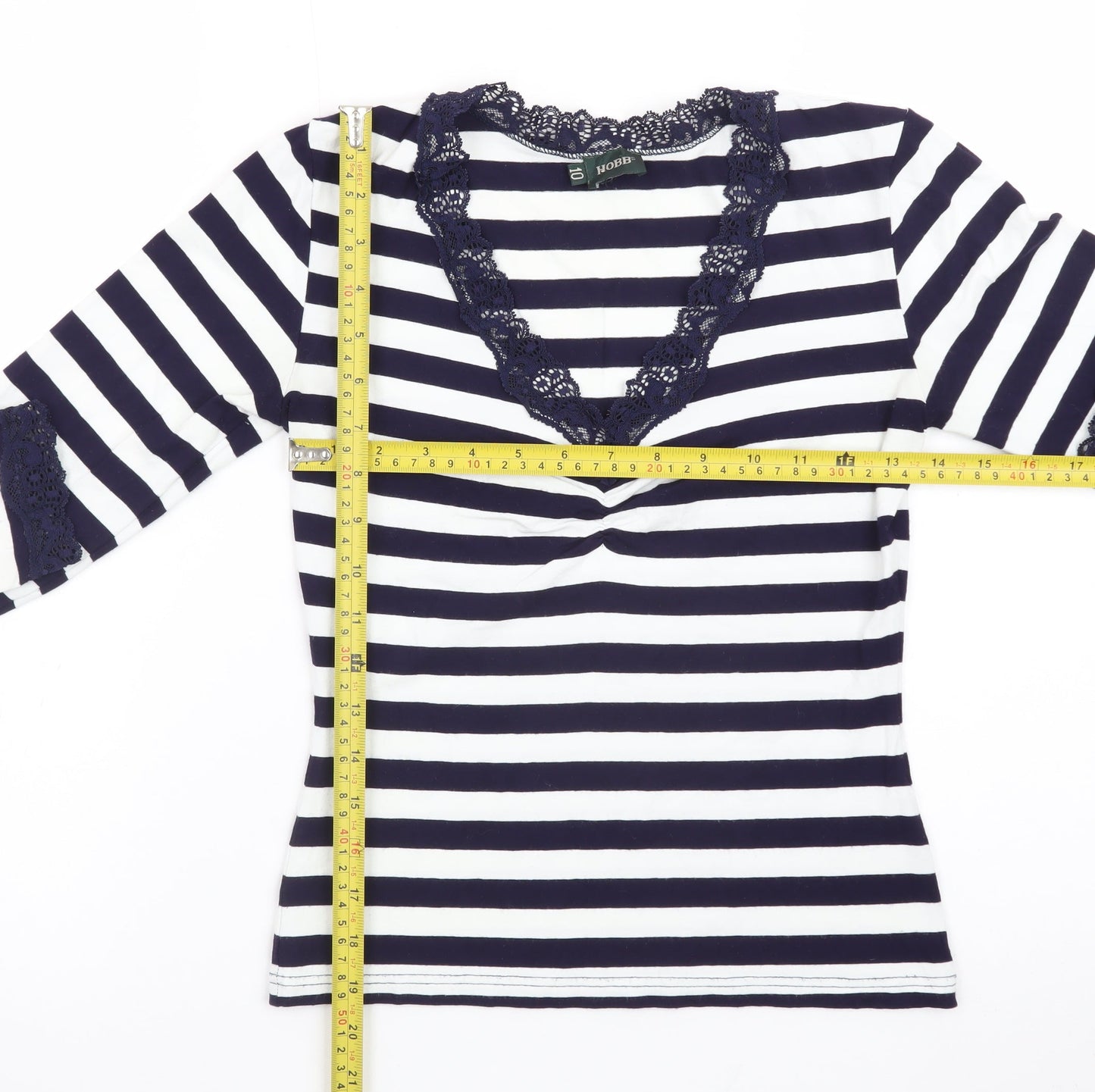 Hobbs Women's Blue Striped Lace Trim Long Sleeve T-Shirt Size 10