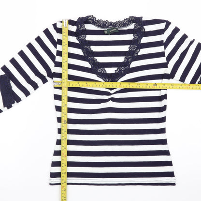 Hobbs Women's Blue Striped Lace Trim Long Sleeve T-Shirt Size 10