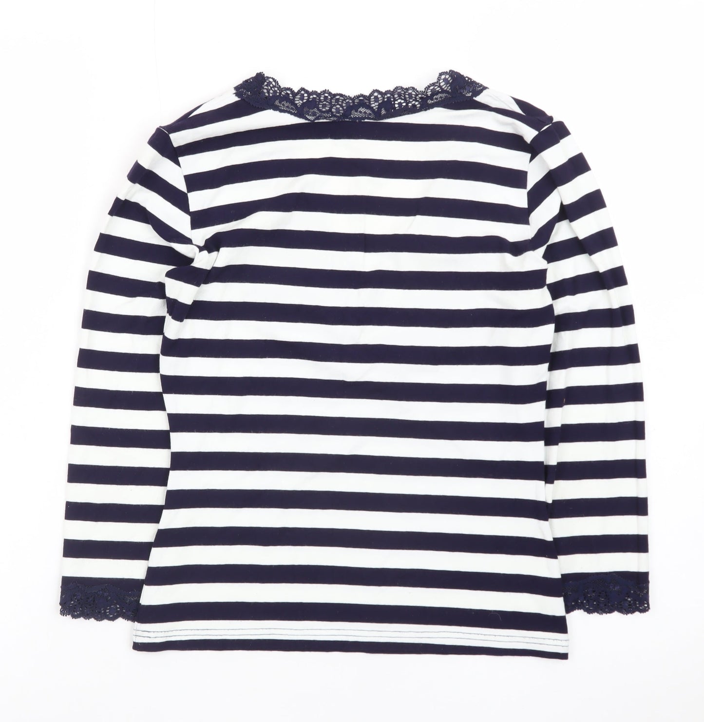 Hobbs Women's Blue Striped Lace Trim Long Sleeve T-Shirt Size 10