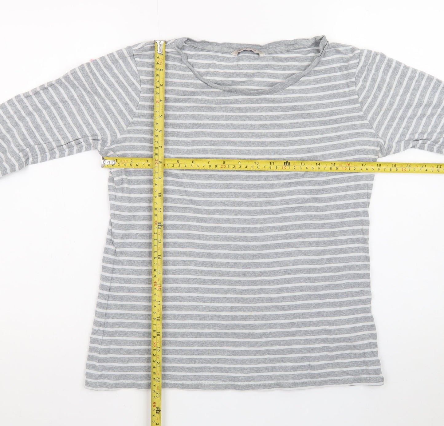 Marks and Spencer Womens Grey Striped Long Sleeve Cotton T-Shirt Size 14