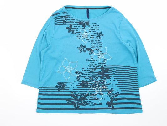 Bm Women's Blue Floral 3/4 Sleeve Cotton T-Shirt XL