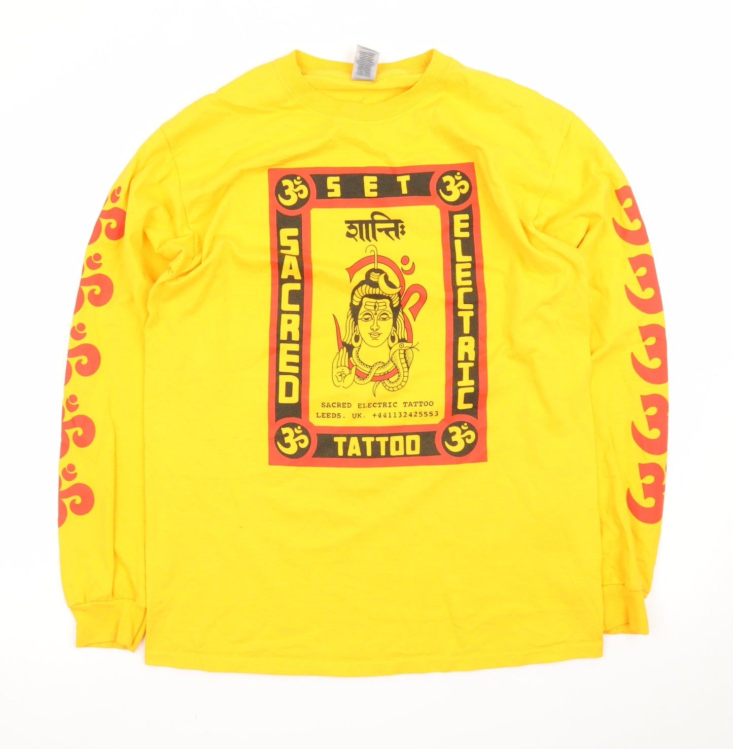 Gildan Men's Yellow Long Sleeve Sacred Electric Tattoo T-Shirt Size M