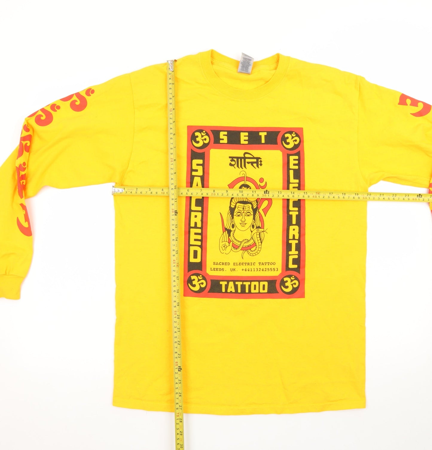 Gildan Men's Yellow Long Sleeve Sacred Electric Tattoo T-Shirt Size M