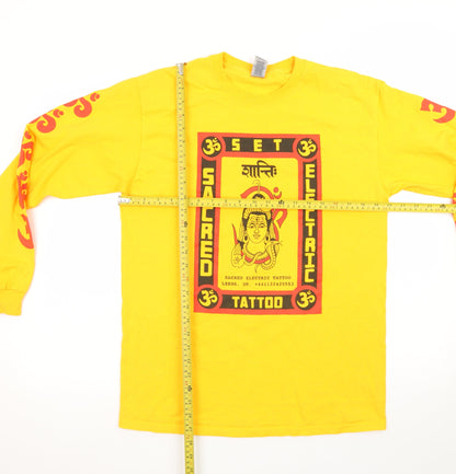 Gildan Men's Yellow Long Sleeve Sacred Electric Tattoo T-Shirt Size M