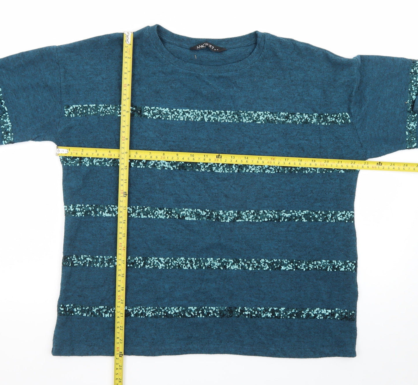M&Co Women Blue Sequin Stripe Knit Pullover Jumper Size 16