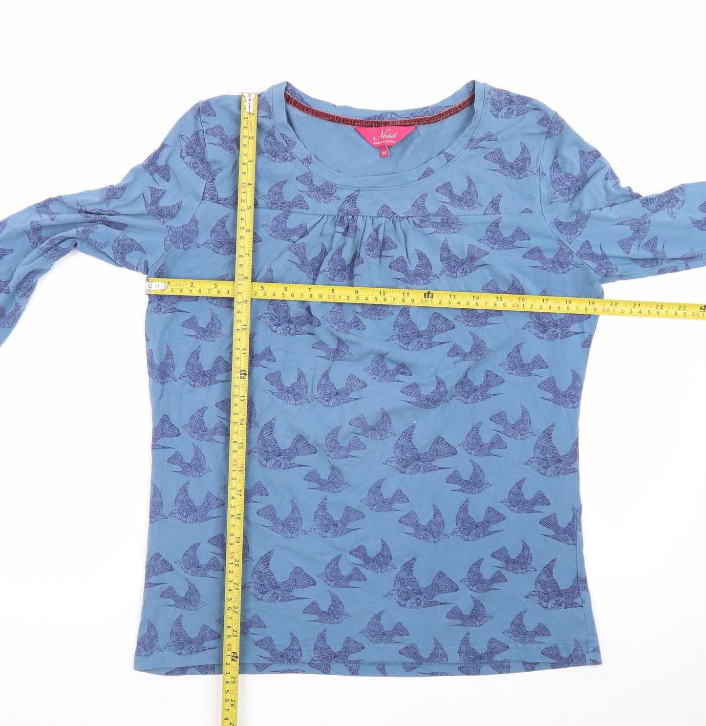 Ness Womens Blue Bird Print 3/4 Sleeve Viscose T-Shirt M