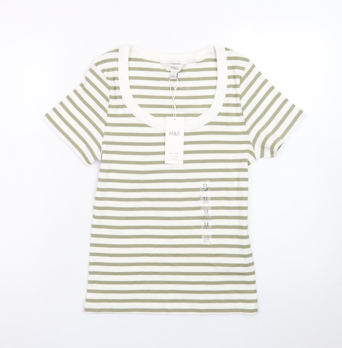 Marks and Spencer Women’s Green White Striped Slim Fit Cotton T-Shirt Size 12