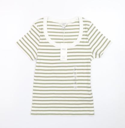 Marks and Spencer Women’s Green White Striped Slim Fit Cotton T-Shirt Size 12