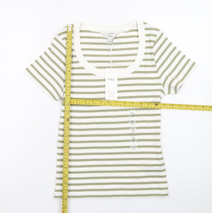 Marks and Spencer Women’s Green White Striped Slim Fit Cotton T-Shirt Size 12