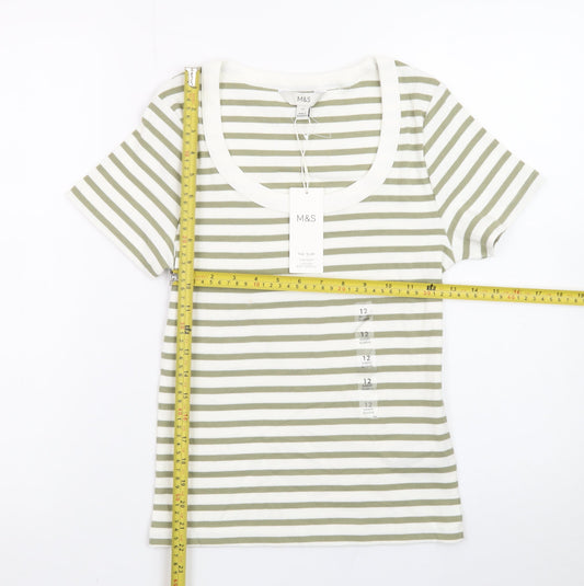 Marks and Spencer Women’s Green White Striped Slim Fit Cotton T-Shirt Size 12