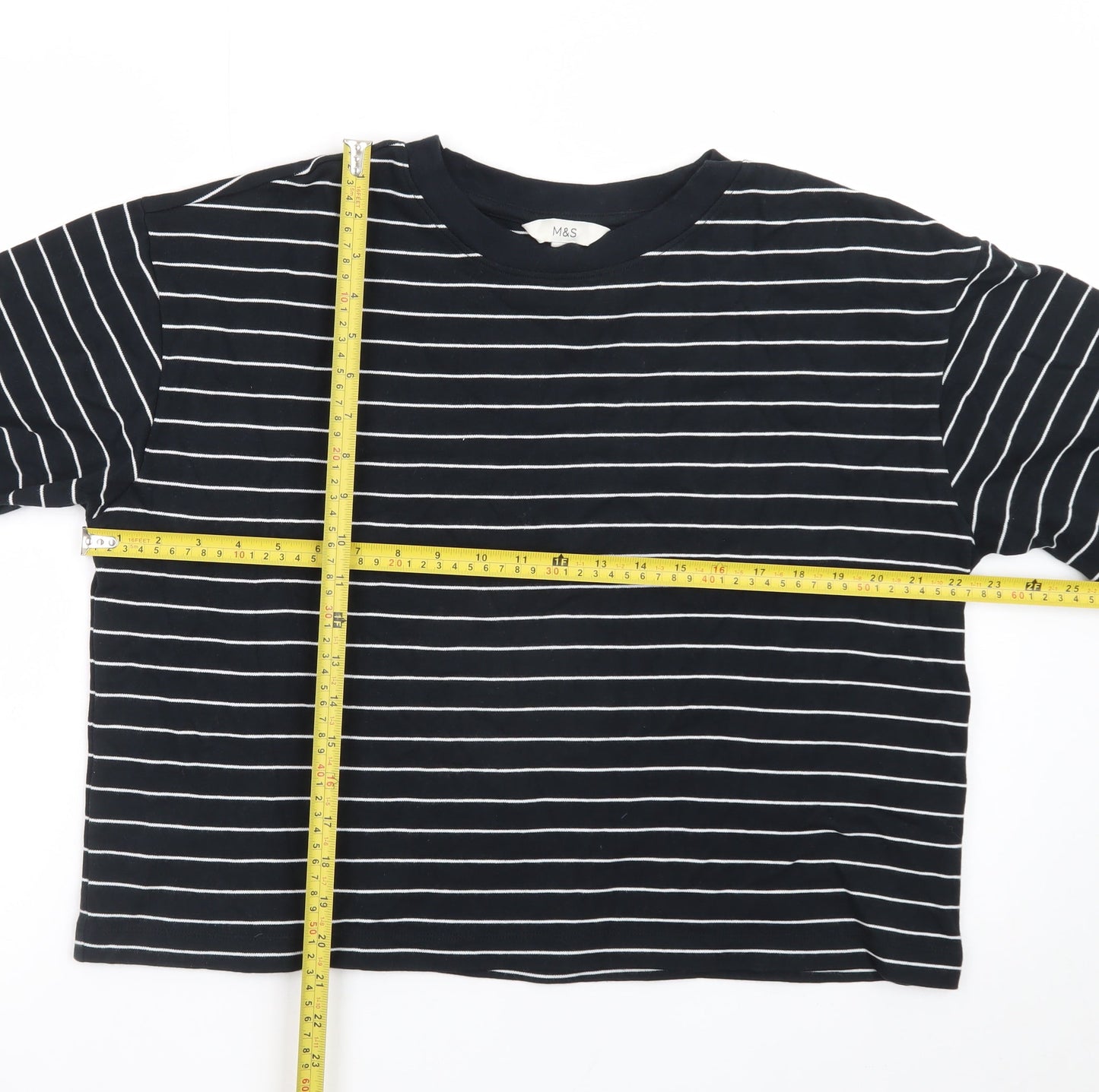 Marks and Spencer Women's Black Striped Cotton T-Shirt Size 14