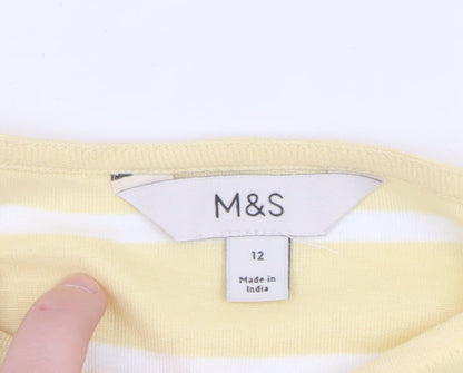 Marks and Spencer Women’s Yellow Striped 3/4 Sleeve Cotton T-Shirt Size 12