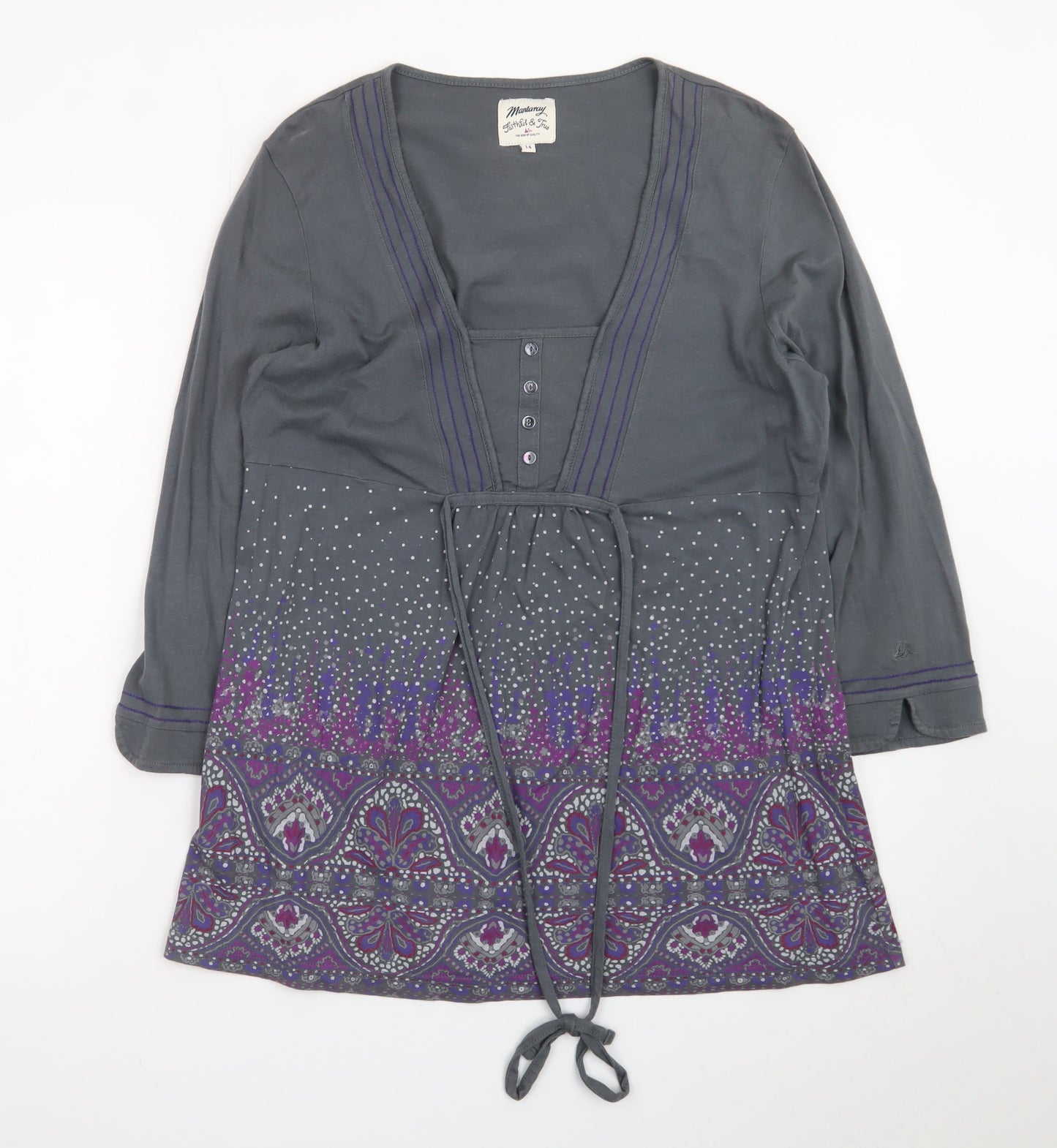 Mantaray Women Grey Purple Tunic Top Size 14 Long Sleeve Embellished